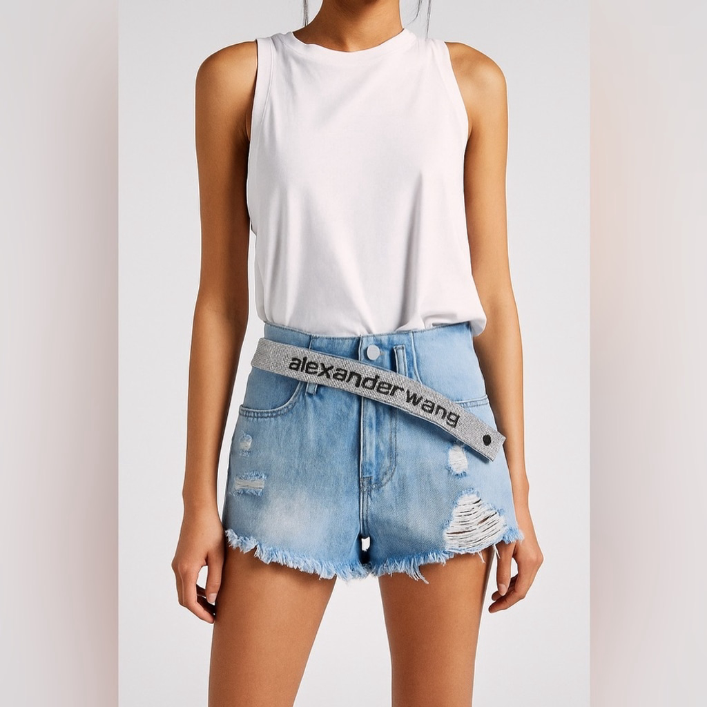 Alexander Wang Rhinestone Belt Blue Distressed Denim Shorts